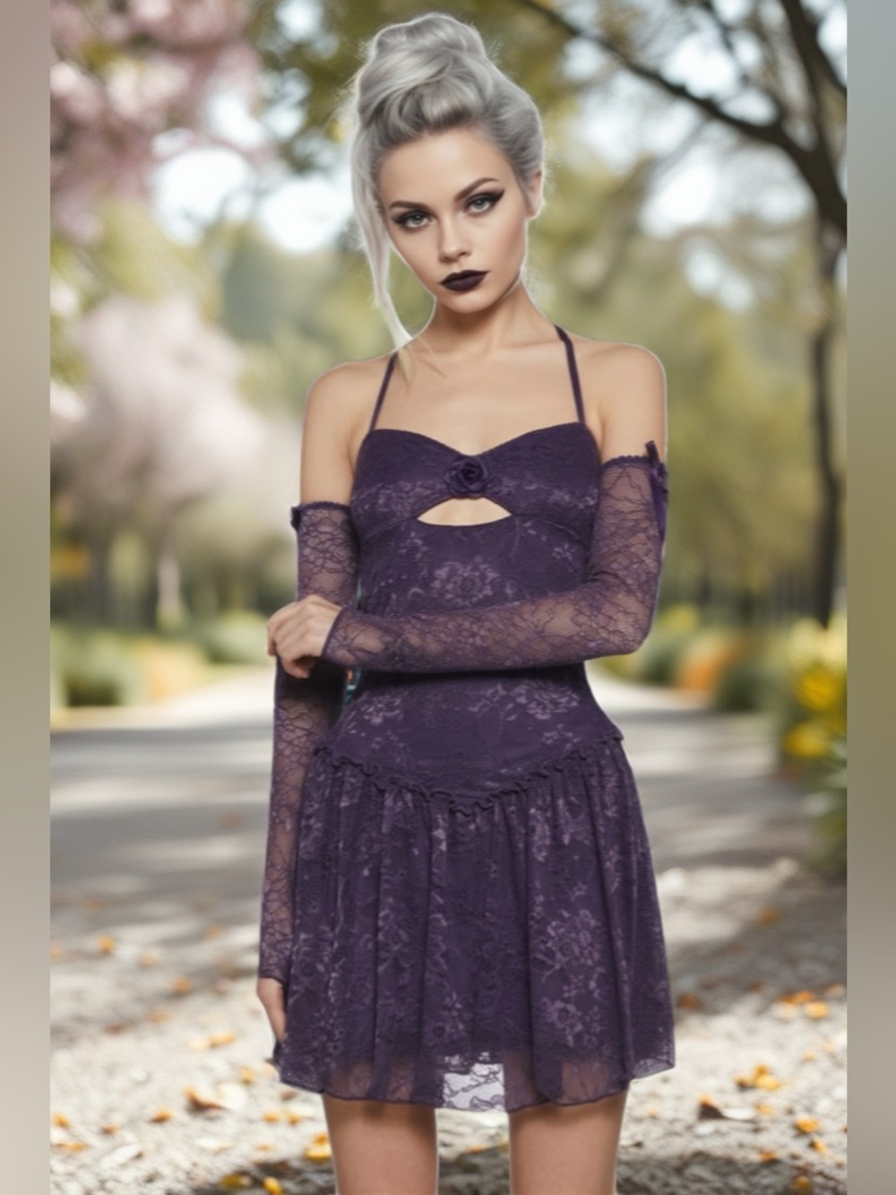 NWT Purple Floral Lace Halter Mini Dress Gloves Rose Goth Large